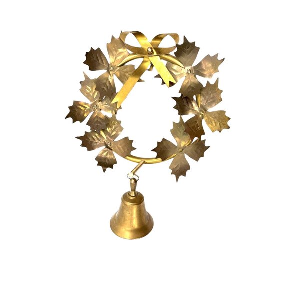Vintage Brass Wreath With Bell & Bow Design Wall Or Door Hanging Decor - Picture 1 of 6